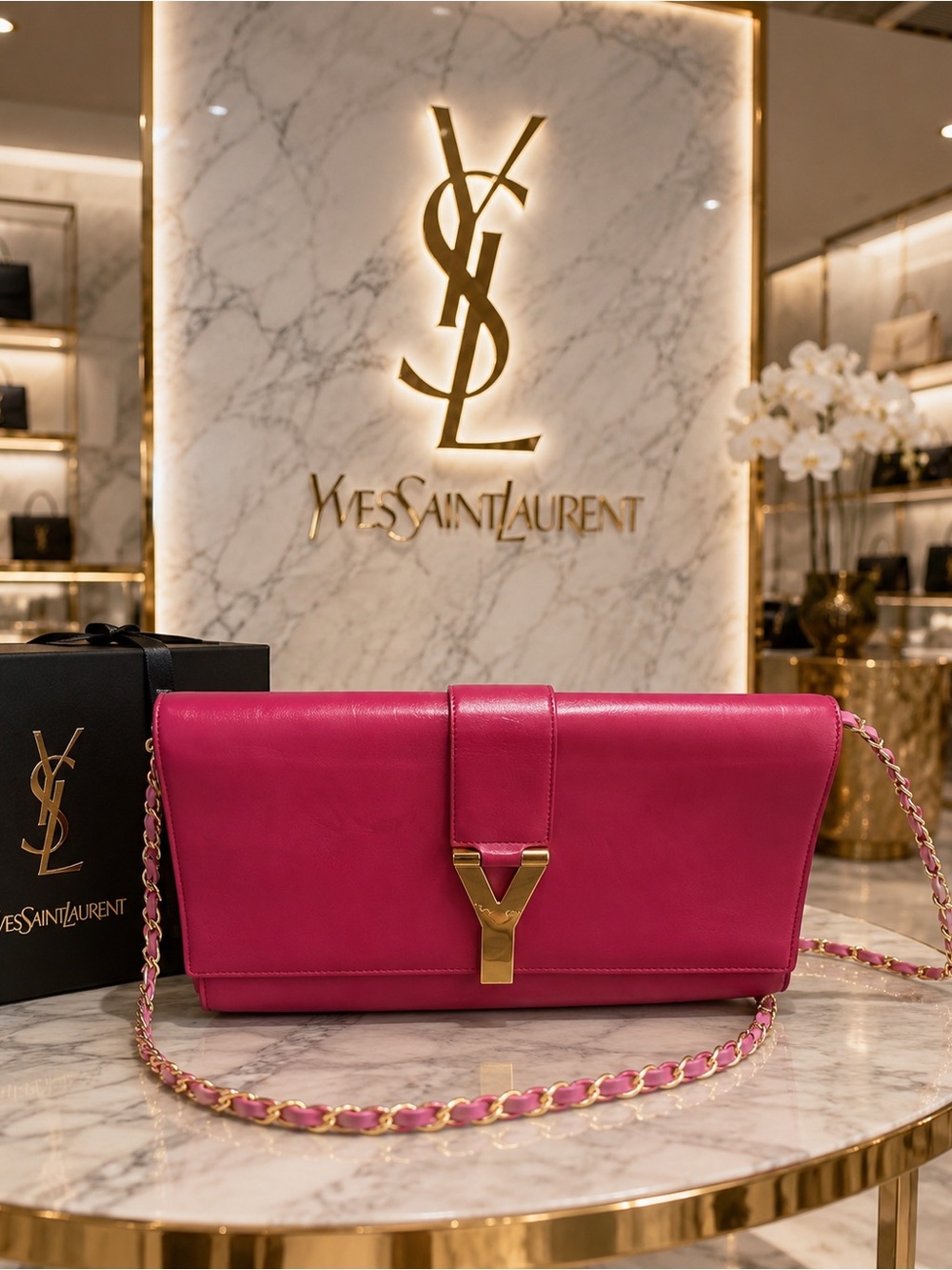 Yves Saint Laurent calfskin Classic Y Ligue clutch in Fuchsia authenticated - Picture 1 of 12
